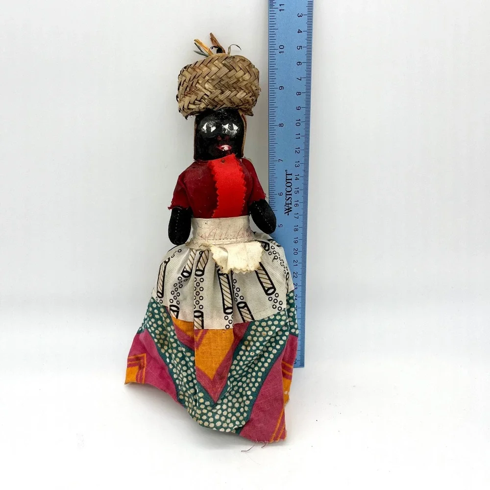 Vintage Souvenir‎ Doll Caribbean Folk Art Straw Basket Headpiece 10